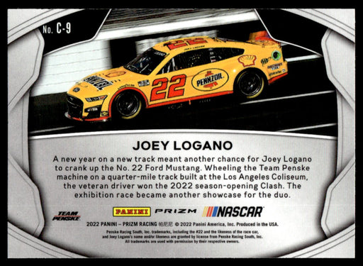 Joey Logano 2022 Panini Prizm Racing Crank It Up Silver Prizm Back of Card