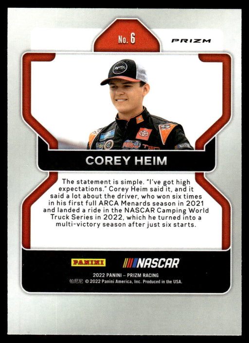 Corey Heim 2022 Panini Prizm Racing Purple and Yellow Hyper Prizm Back of Card