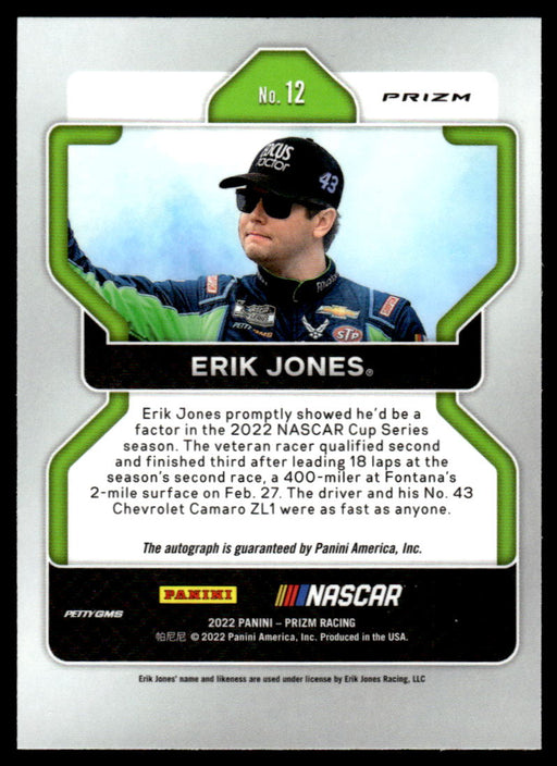 Erik Jones 2022 Panini Prizm Racing Orange Reactive Prizm Back of Card