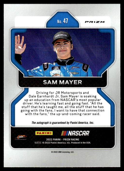 Sam Mayer 2022 Panini Prizm Racing Orange Reactive Prizm Back of Card