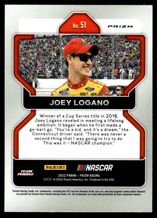 Joey Logano 2022 Panini Prizm Racing Purple and Yellow Hyper Prizm Back of Card