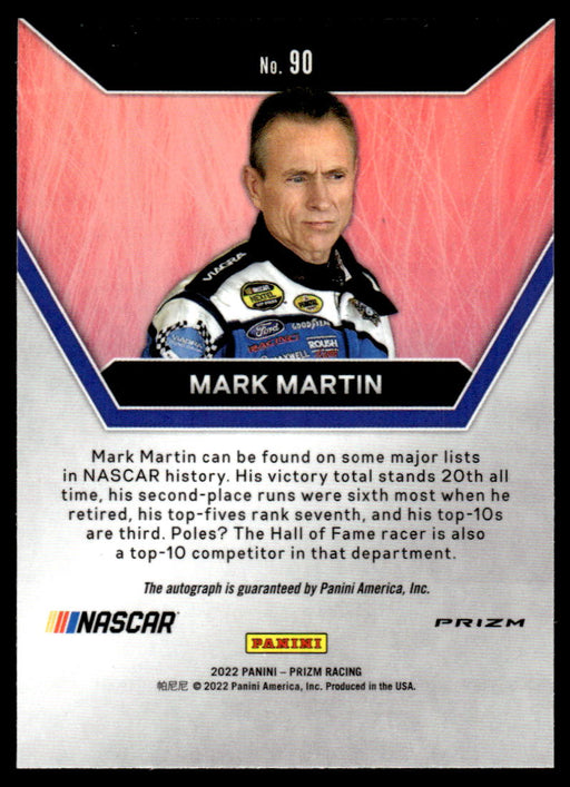 Mark Martin 2022 Panini Prizm Racing Orange Reactive Prizm Back of Card