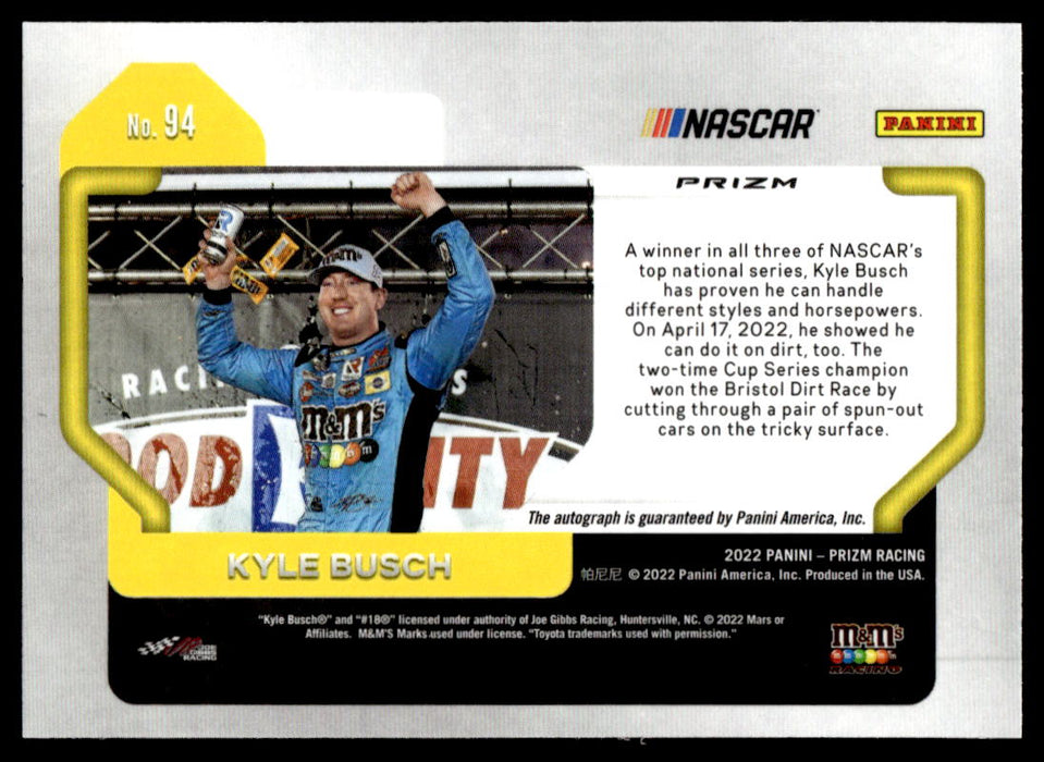 Kyle Busch 2022 Panini Prizm Racing Orange Reactive Prizm Back of Card