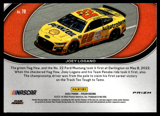 Joey Logano 2022 Panini Prizm Racing Purple and Yellow Hyper Prizm Back of Card