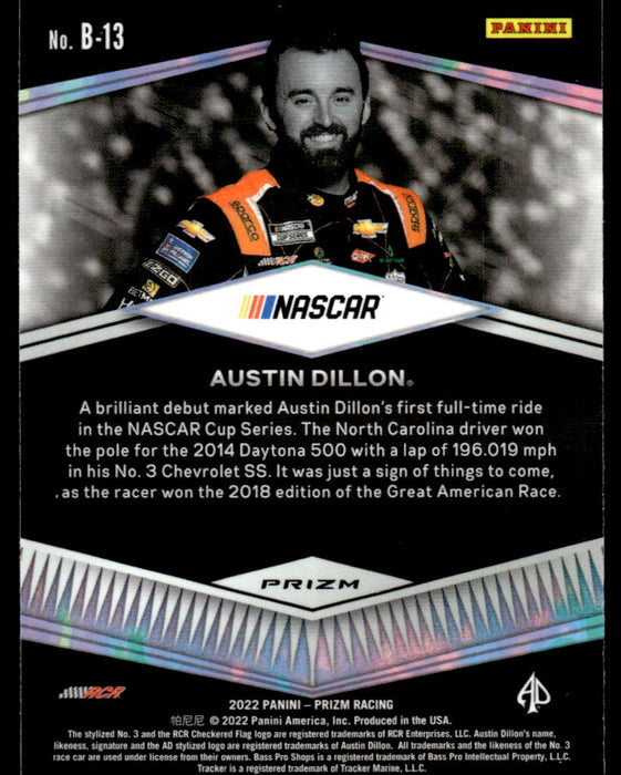 Austin Dillon 2022 Panini Prizm Racing Brilliance Silver Prizm Back of Card