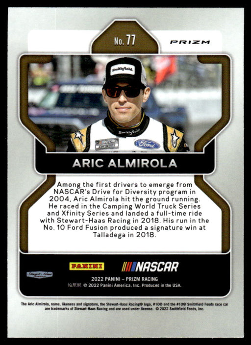 Aric Almirola 2022 Panini Prizm Racing Purple and Yellow Hyper Prizm Back of Card