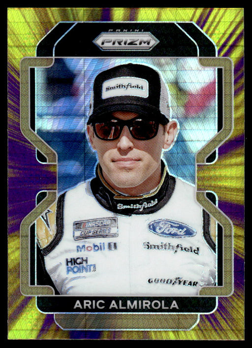 Aric Almirola 2022 Panini Prizm Racing Purple and Yellow Hyper Prizm Front of Card