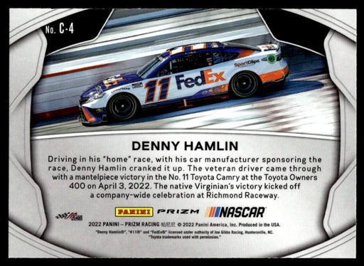 Denny Hamlin 2022 Panini Prizm Racing Crank It Up Silver Prizm Back of Card