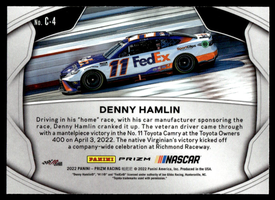 Denny Hamlin 2022 Panini Prizm Racing Crank It Up Silver Prizm Back of Card
