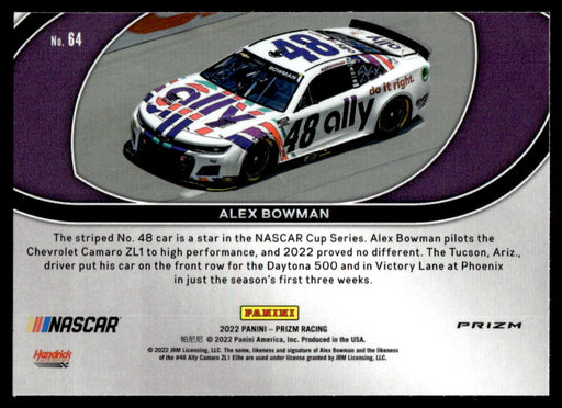 Alex Bowman 2022 Panini Prizm Racing Red Prizm Back of Card