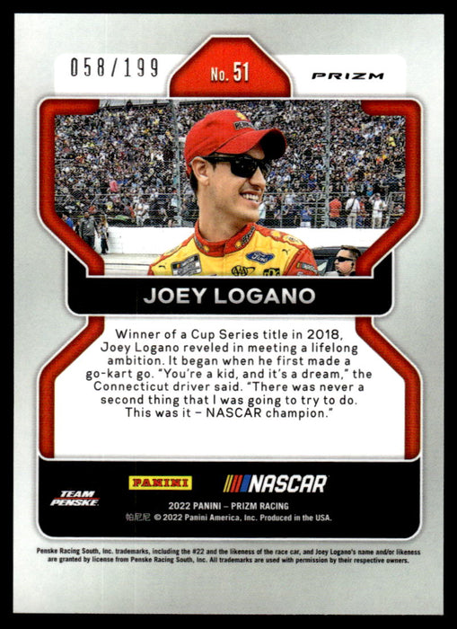 Joey Logano 2022 Panini Prizm Racing Purple Velocity Back of Card