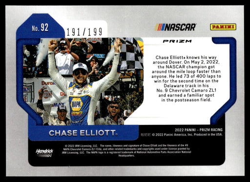 Chase Elliott 2022 Panini Prizm Racing Purple Velocity Back of Card