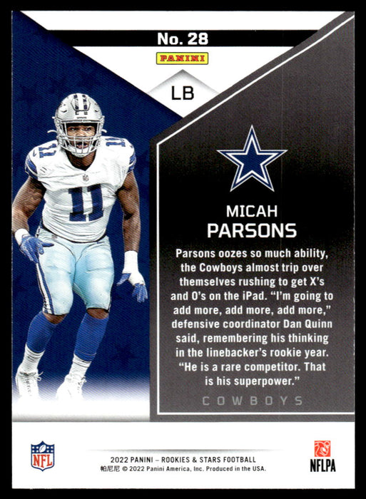 Micah Parsons 2022 Panini Rookies and Stars Base Back of Card