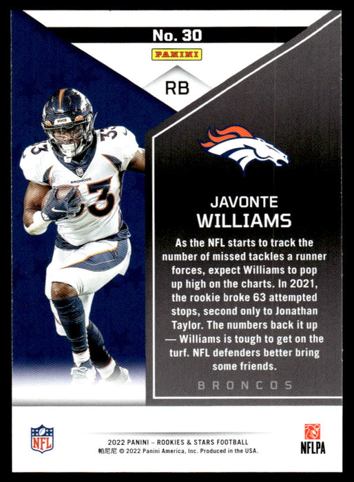 Javonte Williams 2022 Panini Rookies and Stars Base Back of Card