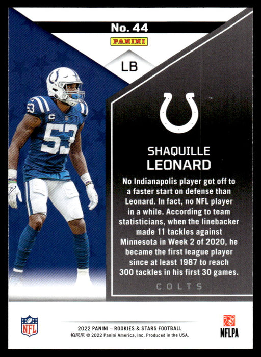 Shaquille Leonard 2022 Panini Rookies and Stars Base Back of Card