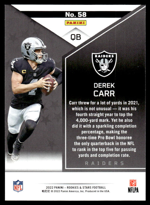Derek Carr 2022 Panini Rookies and Stars Base Back of Card