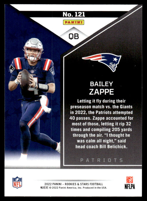 Bailey Zappe 2022 Panini Rookies and Stars Base Back of Card