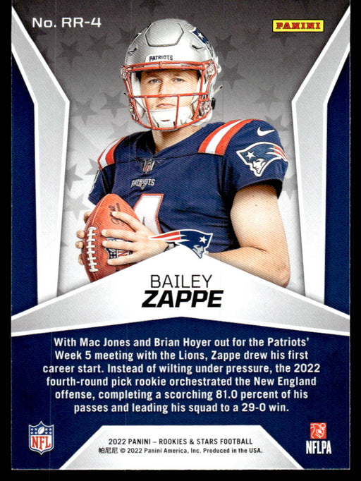 Bailey Zappe 2022 Panini Rookies and Stars Rookie Rush Back of Card