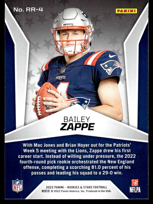 Bailey Zappe 2022 Panini Rookies and Stars Rookie Rush Back of Card