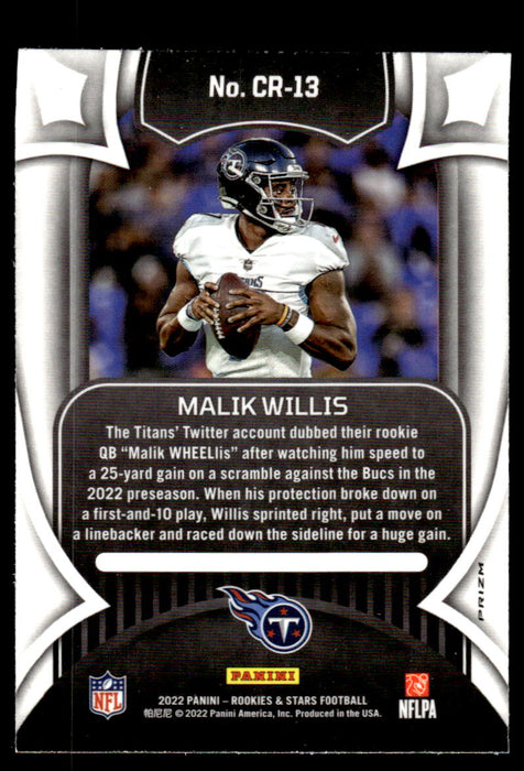 Malik Willis 2022 Panini Rookies and Stars Crusade Silver Prizm Back of Card