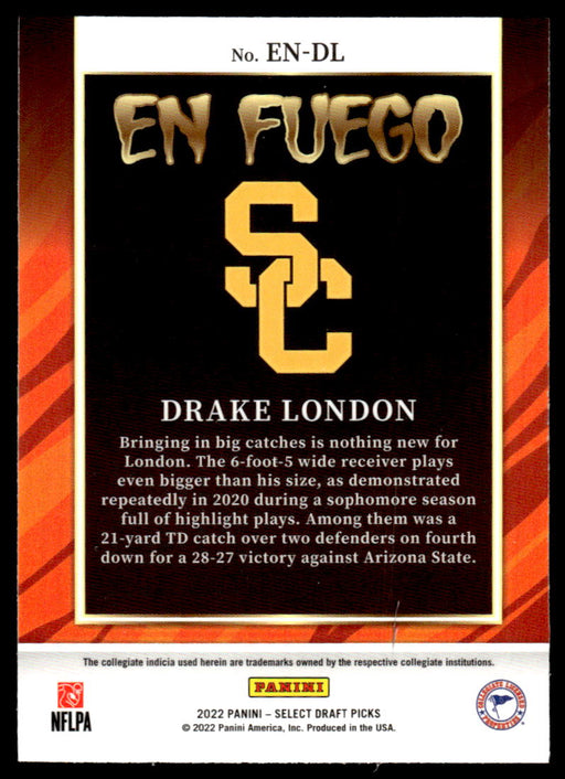 Drake London 2022 Panini Select Draft Picks En Fuego Back of Card