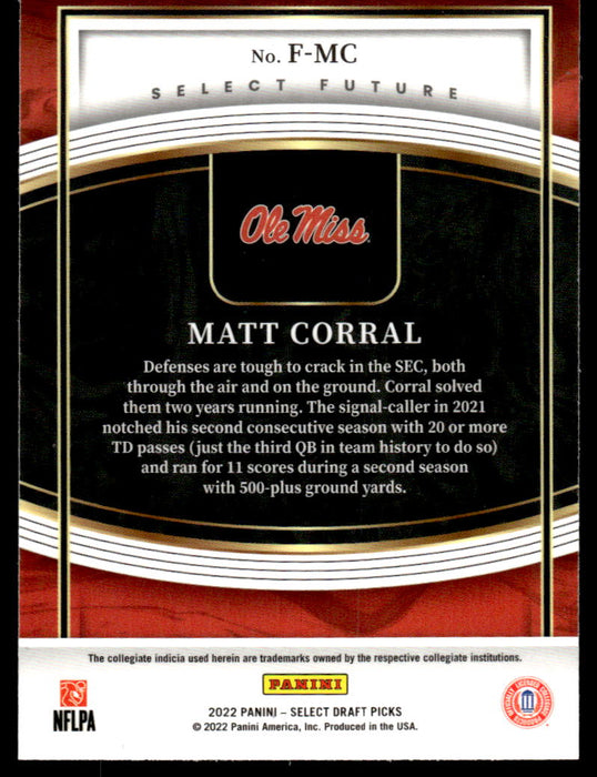 Matt Corral 2022 Panini Select Draft Picks Select Future Back of Card