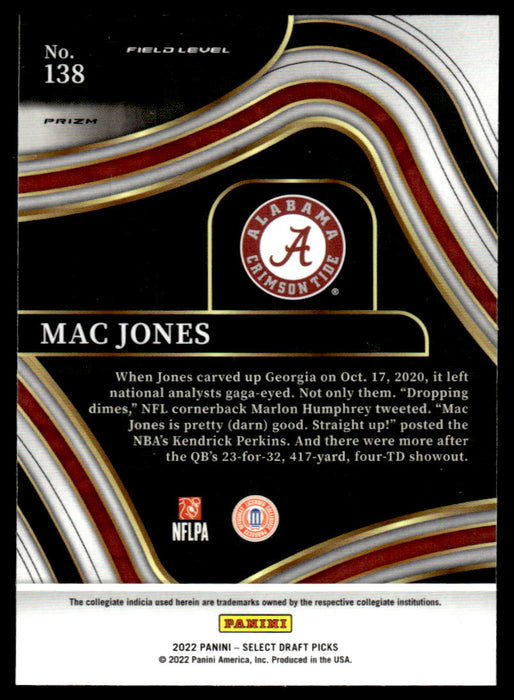 Mac Jones 2022 Panini Select Draft Picks White Lazer Back of Card