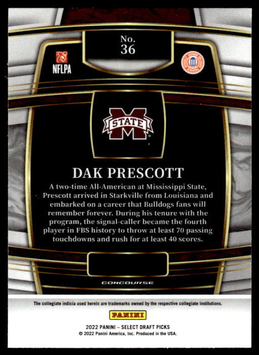 Dak Prescott 2022 Panini Select Draft Picks Retail Base Back of Card