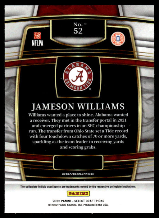 Jameson Williams 2022 Panini Select Draft Picks Retail Base Back of Card