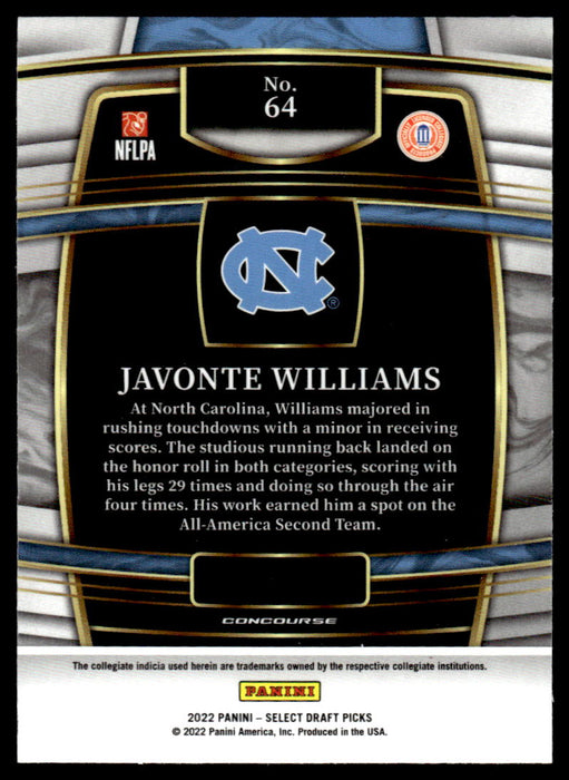 Javonte Williams 2022 Panini Select Draft Picks Retail Base Back of Card