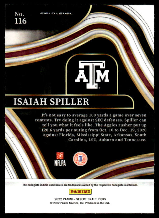 Isaiah Spiller 2022 Panini Select Draft Picks Retail Base Back of Card