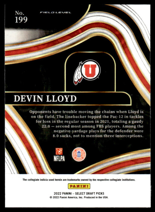Devin Lloyd 2022 Panini Select Draft Picks Retail Base Back of Card