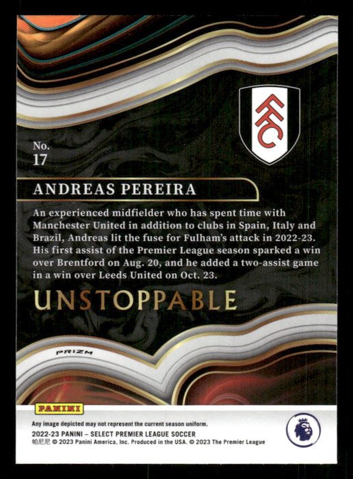 Andreas Pereira 2022-23 Panini Select Premier League Silver Unstoppable Back of Card