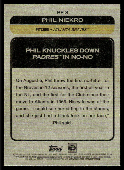 Phil Niekro 2022 Topps Heritage Baseball Flashbacks Back of Card