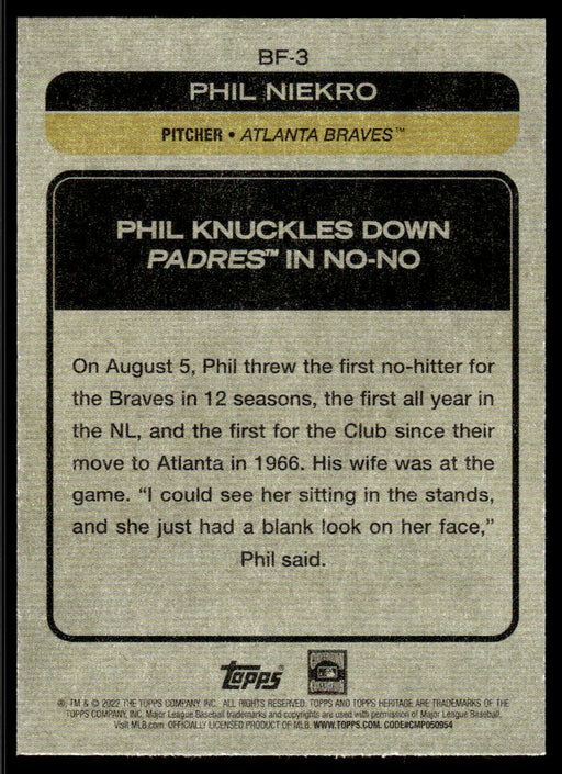 Phil Niekro 2022 Topps Heritage Baseball Flashbacks Back of Card