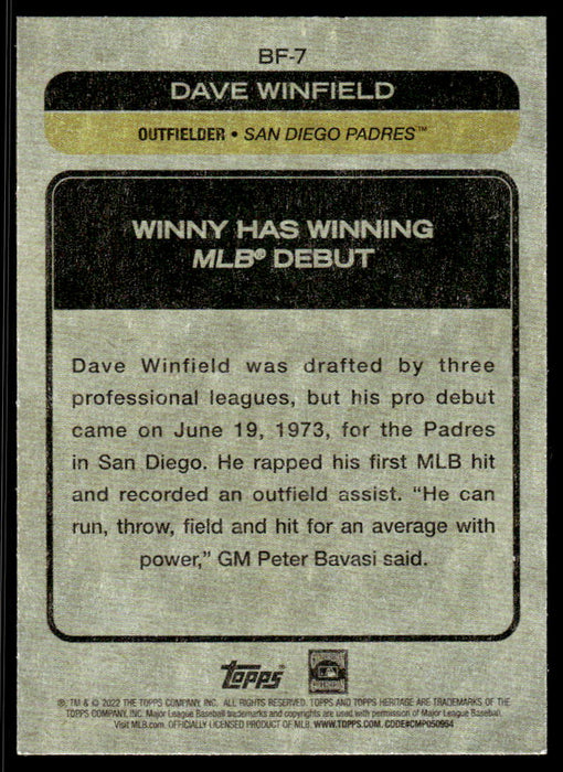 Dave Winfield 2022 Topps Heritage Baseball Flashbacks Back of Card