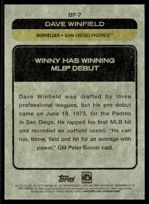Dave Winfield 2022 Topps Heritage Baseball Flashbacks Back of Card