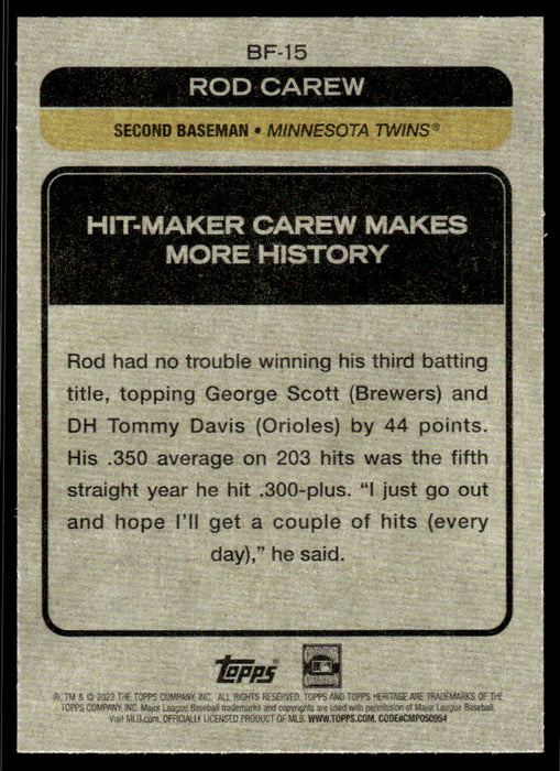 Rod Carew 2022 Topps Heritage Baseball Flashbacks Back of Card