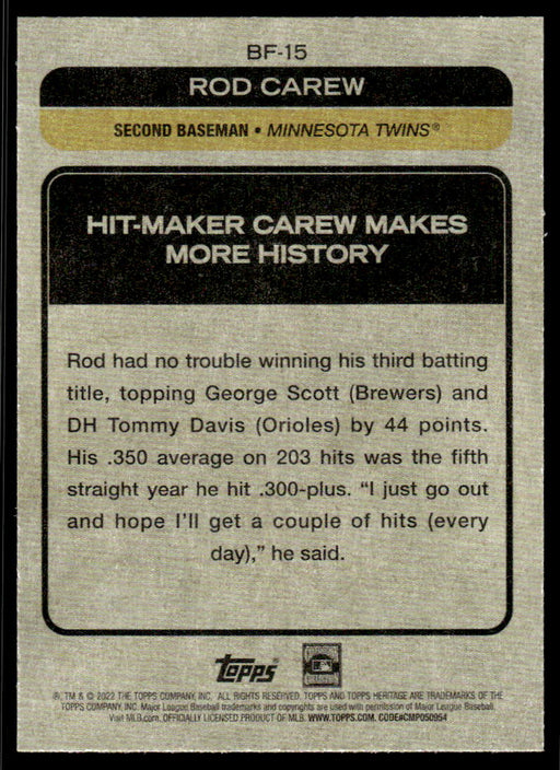 Rod Carew 2022 Topps Heritage Baseball Flashbacks Back of Card