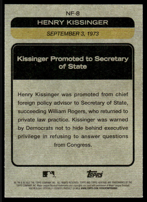 Henry Kissinger Begins Term as Secretary Of State 2022 Topps Heritage News Flashbacks Back of Card