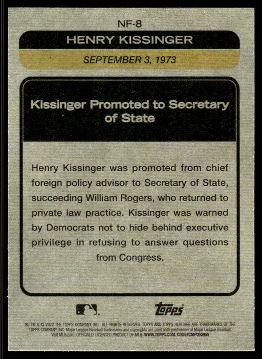 Henry Kissinger Begins Term as Secretary Of State 2022 Topps Heritage News Flashbacks Back of Card