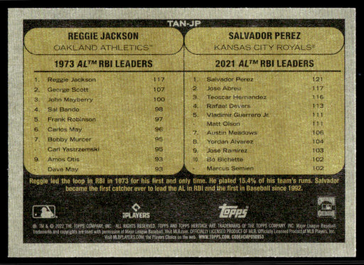 Reggie Jackson / Salvador Perez 2022 Topps Heritage Then and Now Back of Card