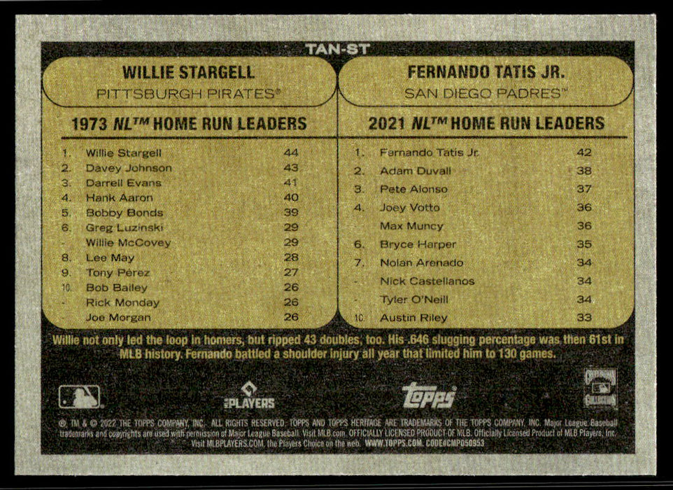 Willie Stargell / Fernando Tatis Jr. 2022 Topps Heritage Then and Now Back of Card
