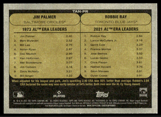 Jim Palmer / Robbie Ray 2022 Topps Heritage Then and Now Back of Card
