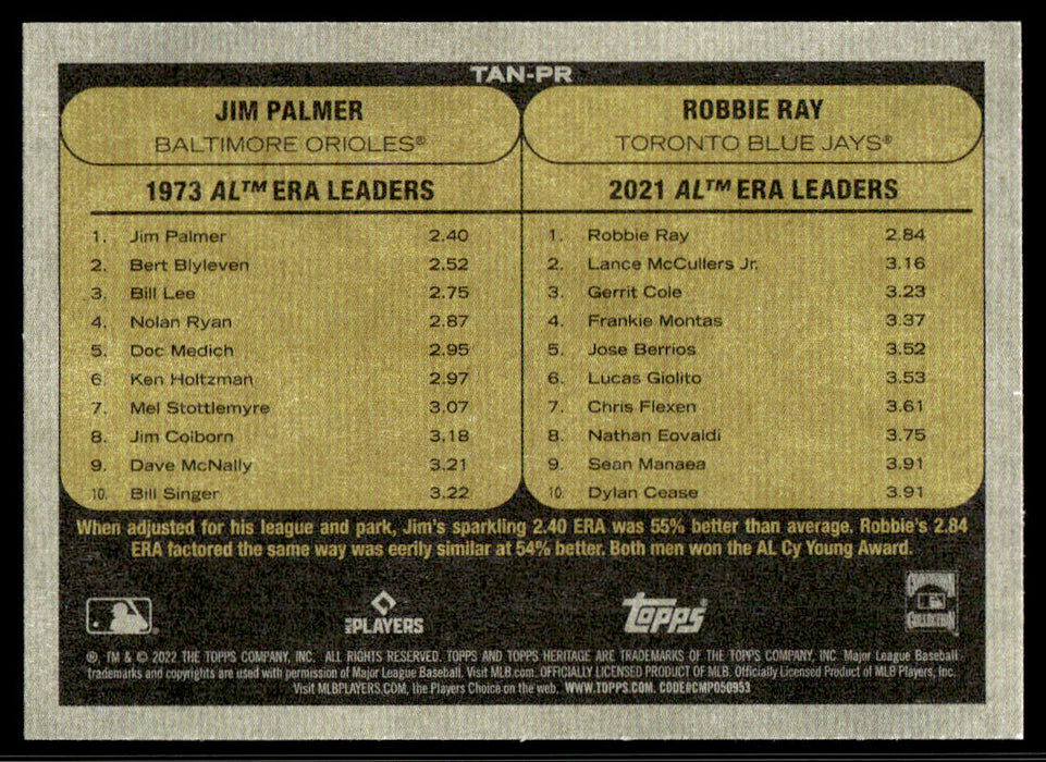 Jim Palmer / Robbie Ray 2022 Topps Heritage Then and Now Back of Card
