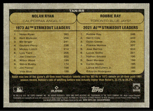 Nolan Ryan / Robbie Ray 2022 Topps Heritage Then and Now Back of Card