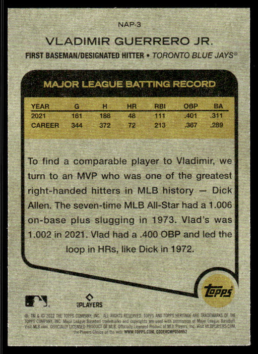 Vladimir Guerrero Jr. 2022 Topps Heritage New Age Performers Back of Card
