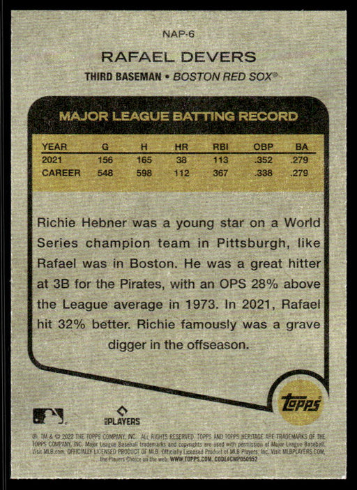 Rafael Devers 2022 Topps Heritage New Age Performers Back of Card