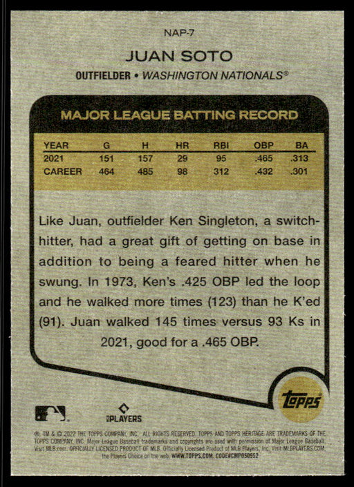 Juan Soto 2022 Topps Heritage New Age Performers Back of Card