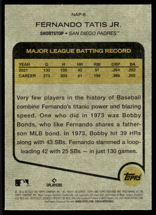 Fernando Tatis Jr. 2022 Topps Heritage New Age Performers Back of Card